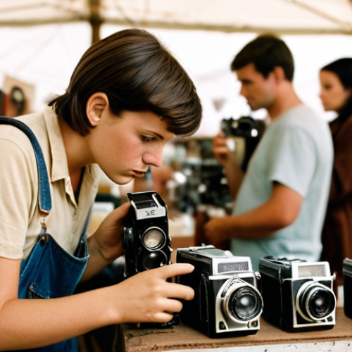 **Prompt:** A photographer thoughtfully examining a vintage camera at a flea market, surrounded by other used photography equipment. Soft, natural lighting. Focus on the photographer's determined expression.