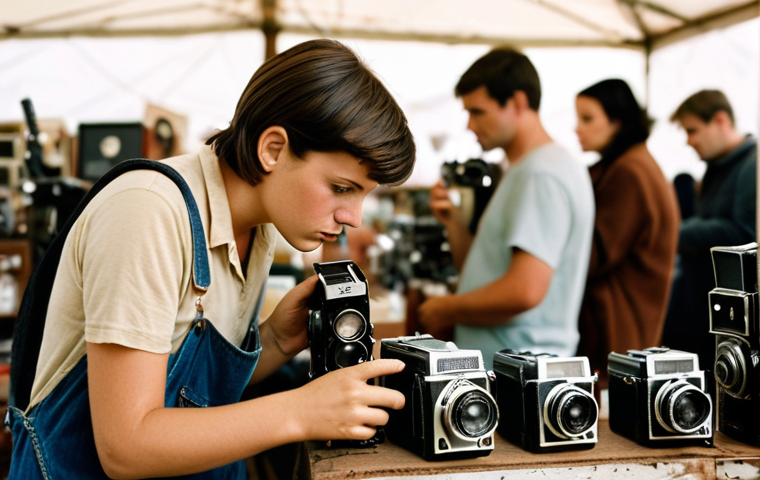 **Prompt:** A photographer thoughtfully examining a vintage camera at a flea market, surrounded by other used photography equipment. Soft, natural lighting. Focus on the photographer's determined expression.