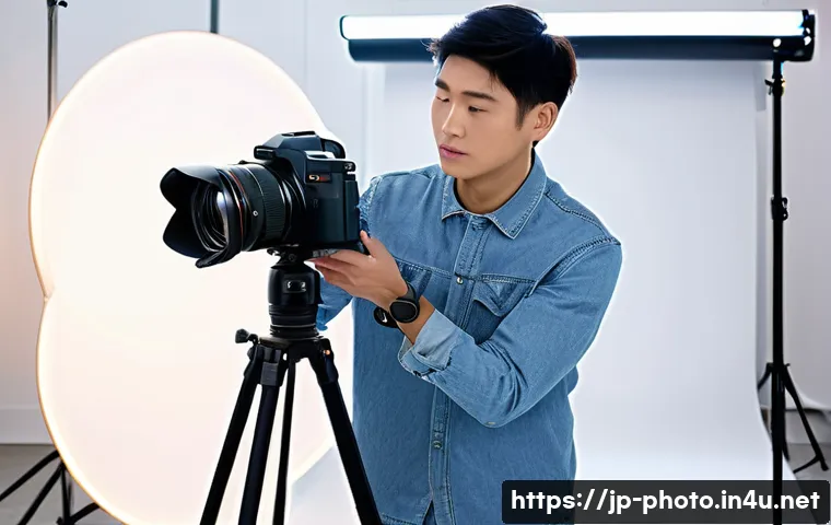 사진 자격증 취득 시 실기시험에서 꼭 필요한 장비 - A modern photography exam setting featuring a young Japanese photographer using a lightweight mirror...