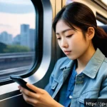 사진 자격증 관련 학습 자료 무료 다운로드 - A modern Japanese student studying for a photography certification exam on a smartphone during a com...