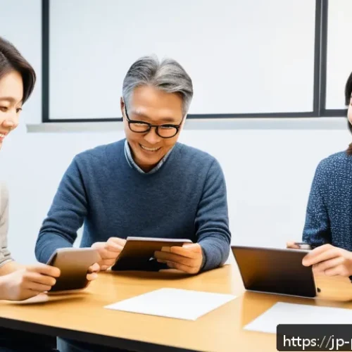 사진 자격증 관련 학습 커뮤니티 추천 - A lively photography community workshop scene in a modern Japanese studio, diverse group of young an...