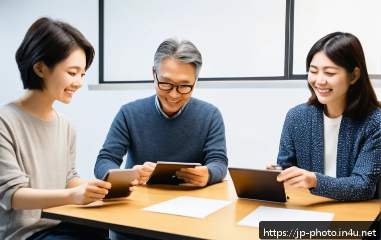 사진 자격증 관련 학습 커뮤니티 추천 - A lively photography community workshop scene in a modern Japanese studio, diverse group of young an...