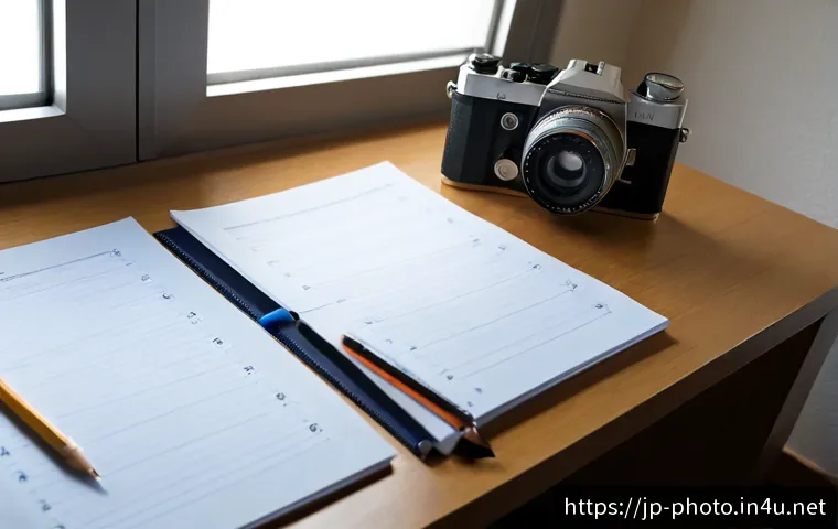 사진 자격증 필기시험 시간 관리 전략 - Photorealistic Japanese adult photography certification candidate managing a written exam, seated at...